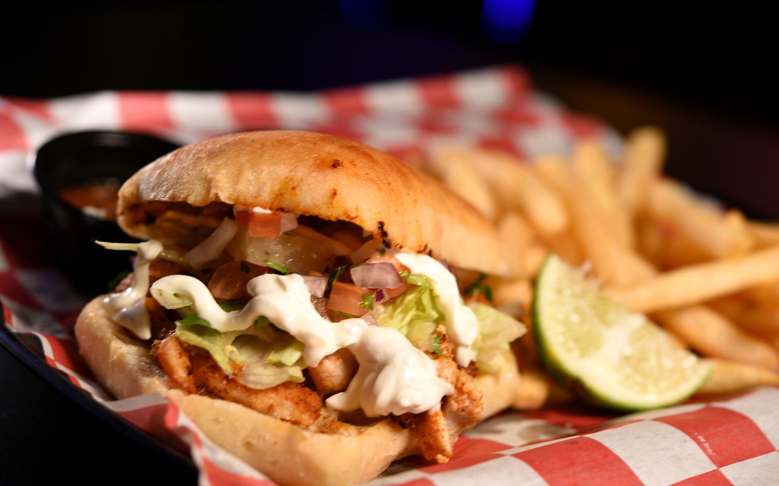 OXO Avocado Chicken Torta with fries
